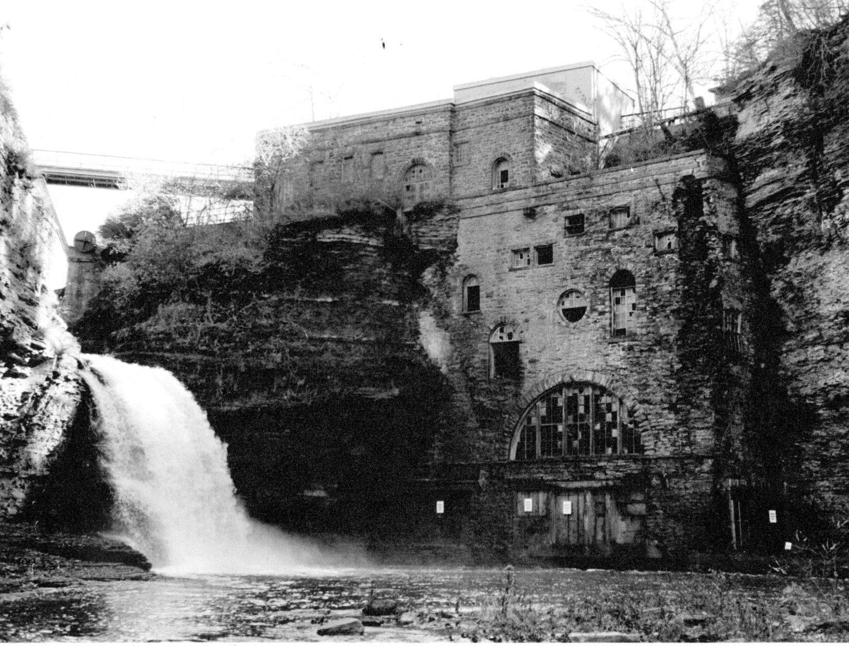 A lower view of the hydraulics lab at Triphammer Falls.